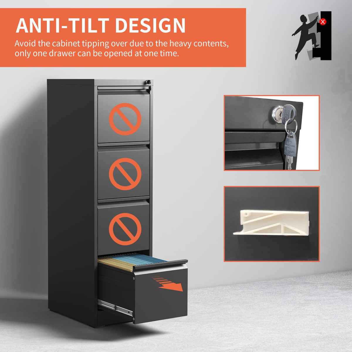 4 Drawer Black Metal File Cabinet with Lock G780988