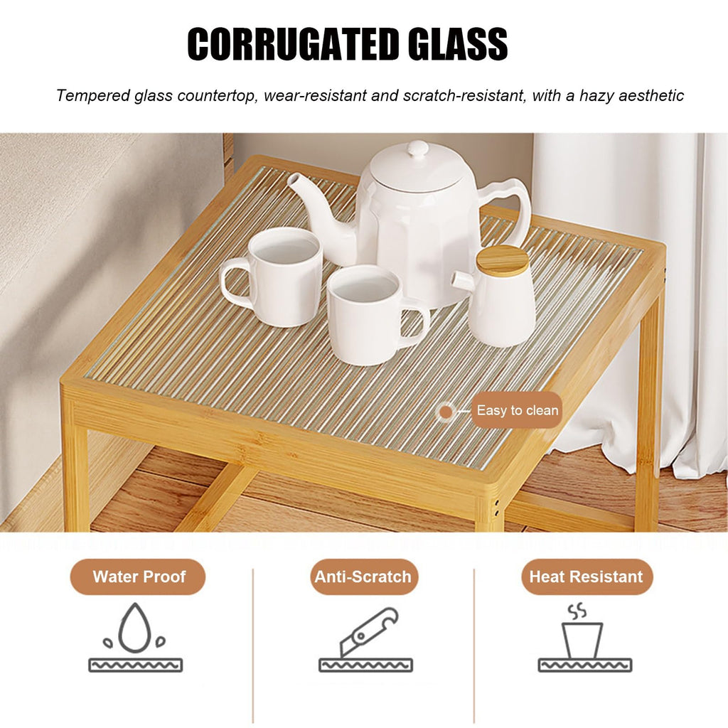 Set of 2 Square Glass Coffee Table with Bamboo Frame L16263