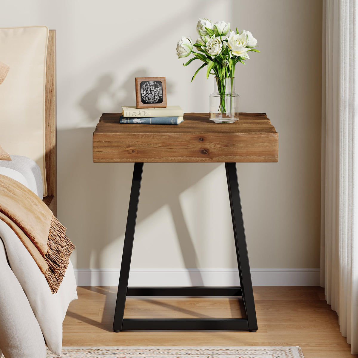 Solid Wood Nightstand with Metal Frame W432