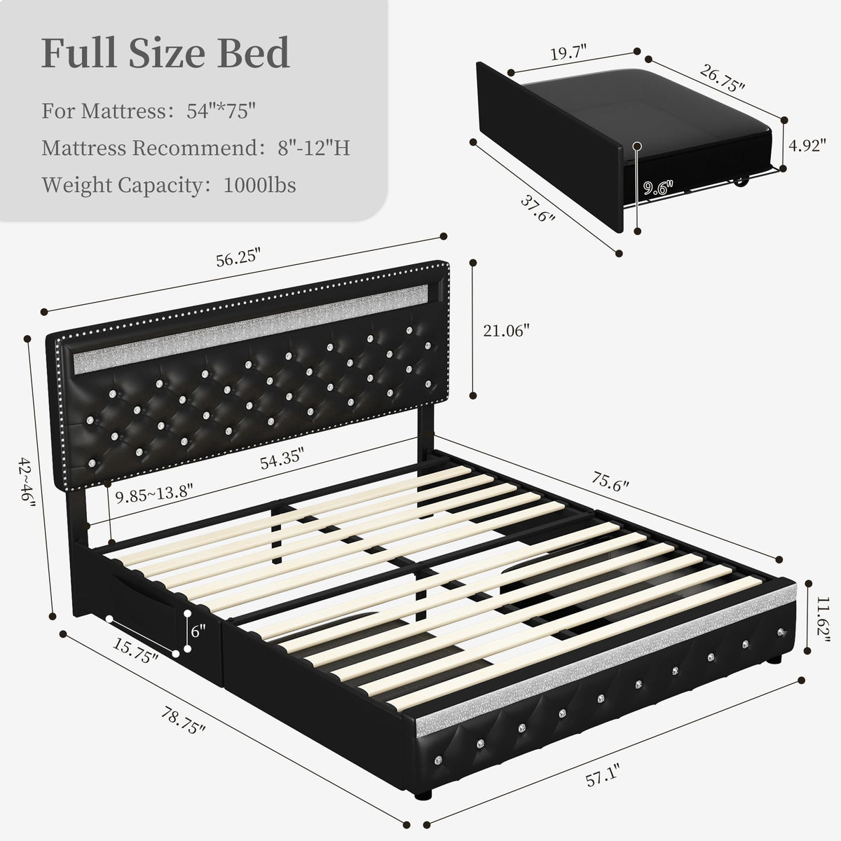 Full Platform Bed Frame with 2 Storage Drawers, Black B215146