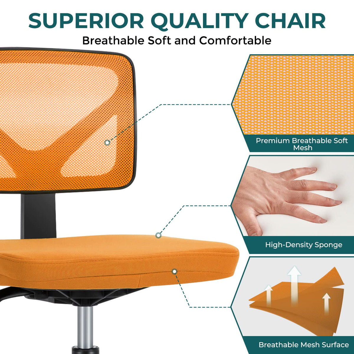 Orange Mesh Armless Desk Chair with Lumbar Support X3648