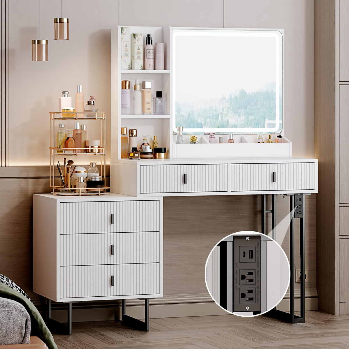 White Vanity Desk with Mirror and 5 Sliding Drawers U5402