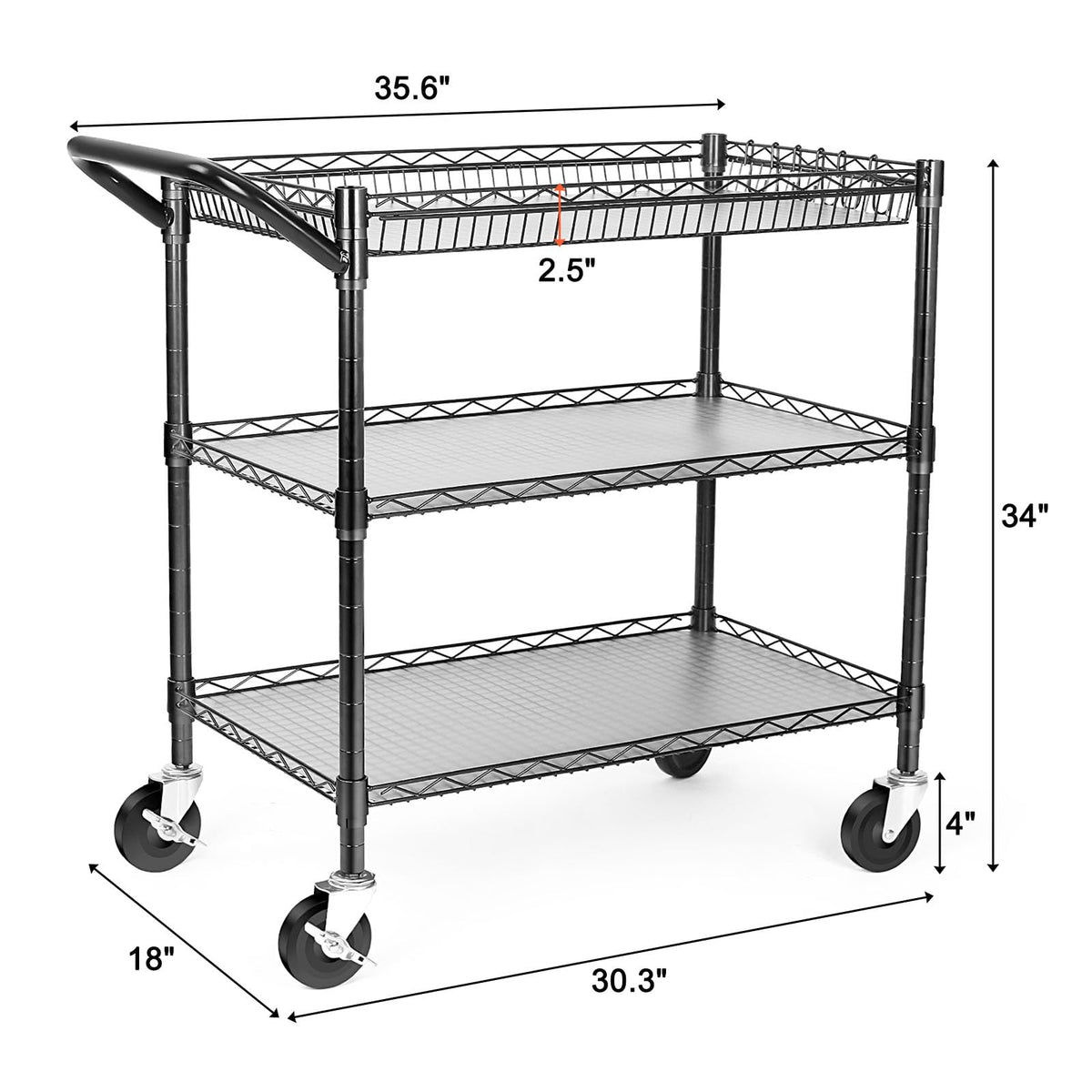 Heavy Duty 3 Tier Rolling Utility Cart with Wheels, Black G645657