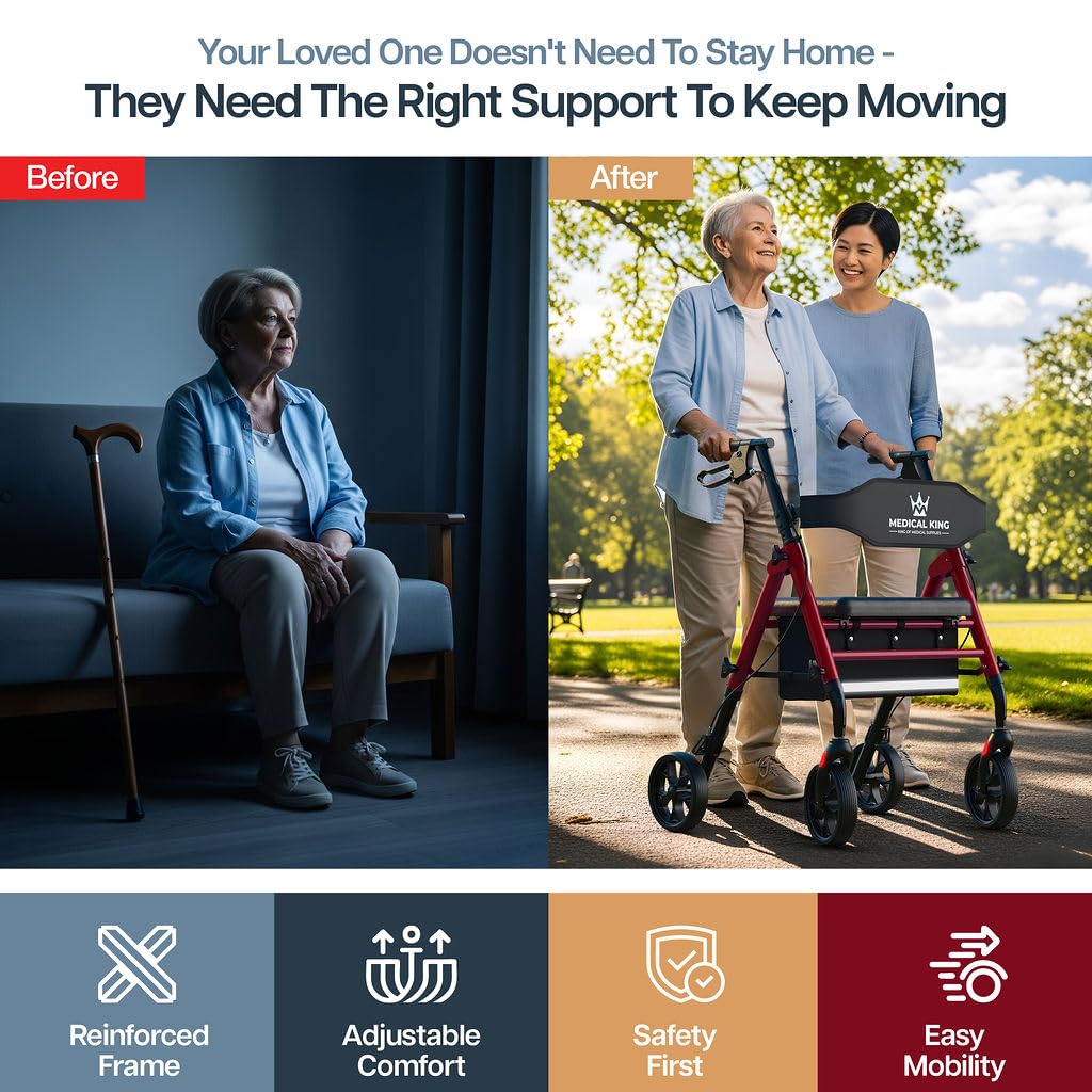 Foldable Rollator Walker with Seat, 8" Wheels, Red C115