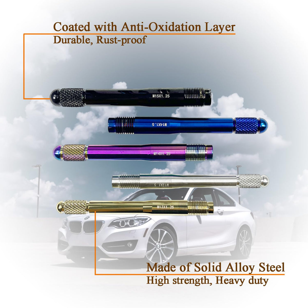 10PC Alloy Steel Wheel Alignment Pins Kit M12x1.5/1.25/M14x1.5/1.25/M15*1.25 Lug Bolt Guide Tool K475070