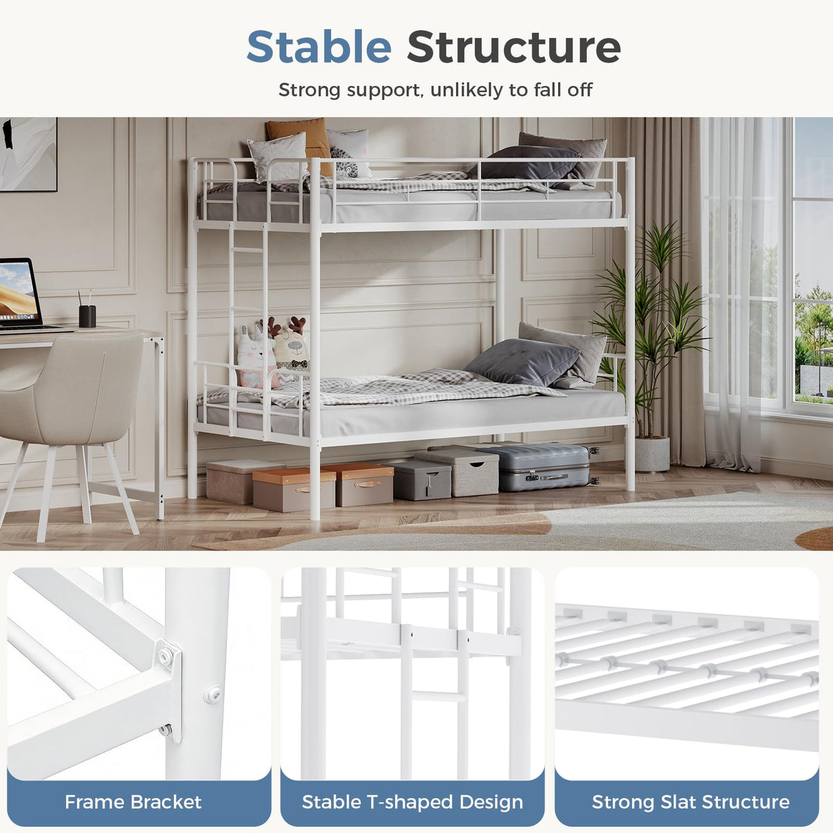 Metal Bunk Bed Twin Over Twin with Ladder and Guardrail D82915
