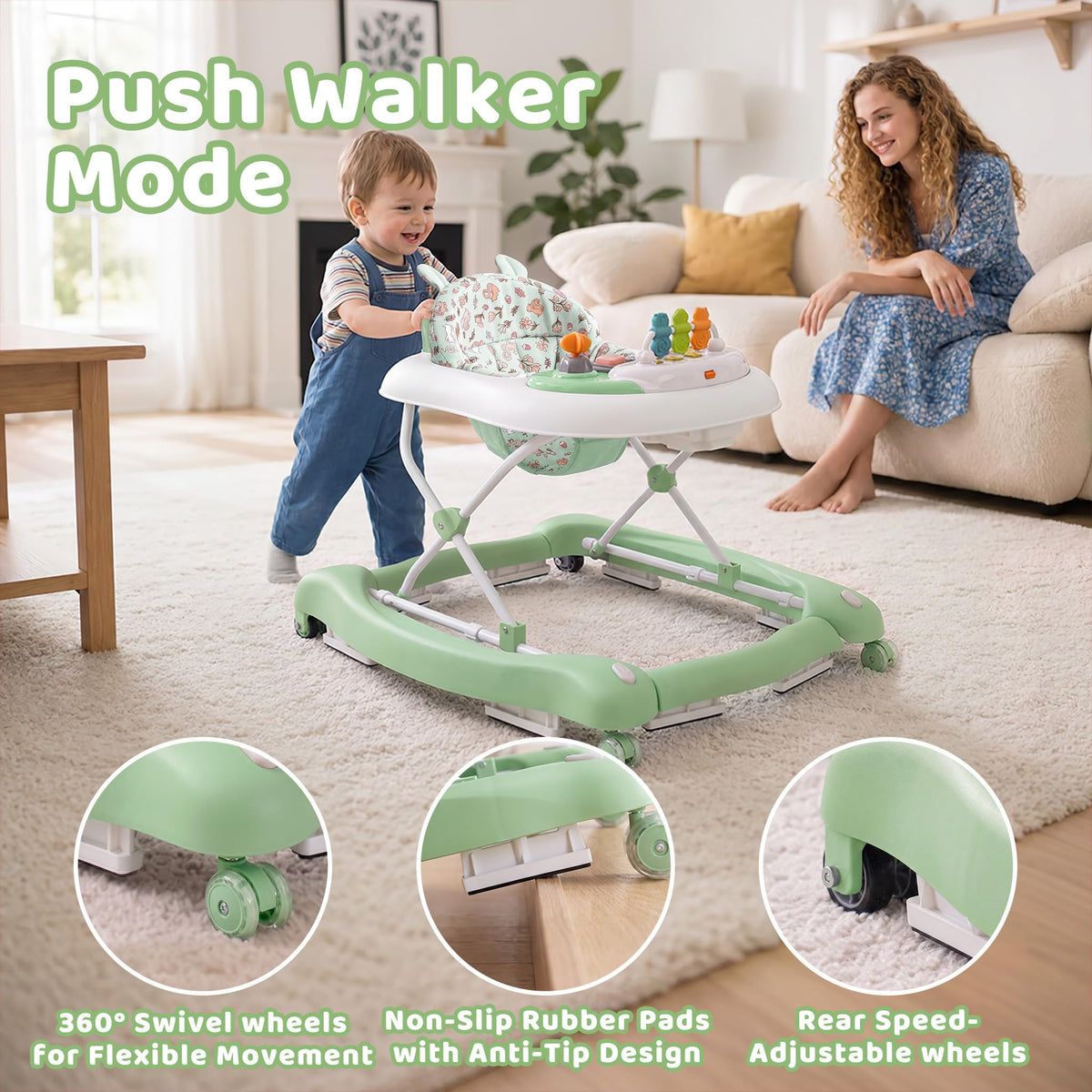 Foldable Baby Walker with Wheels, Music and Lights (Green) C13998