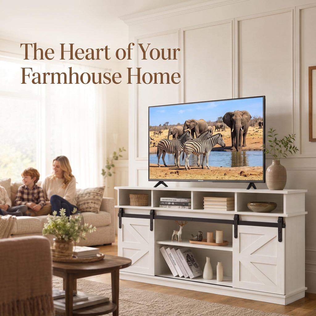 White 58" Farmhouse TV Stand with Sliding Barn Doors Z511167