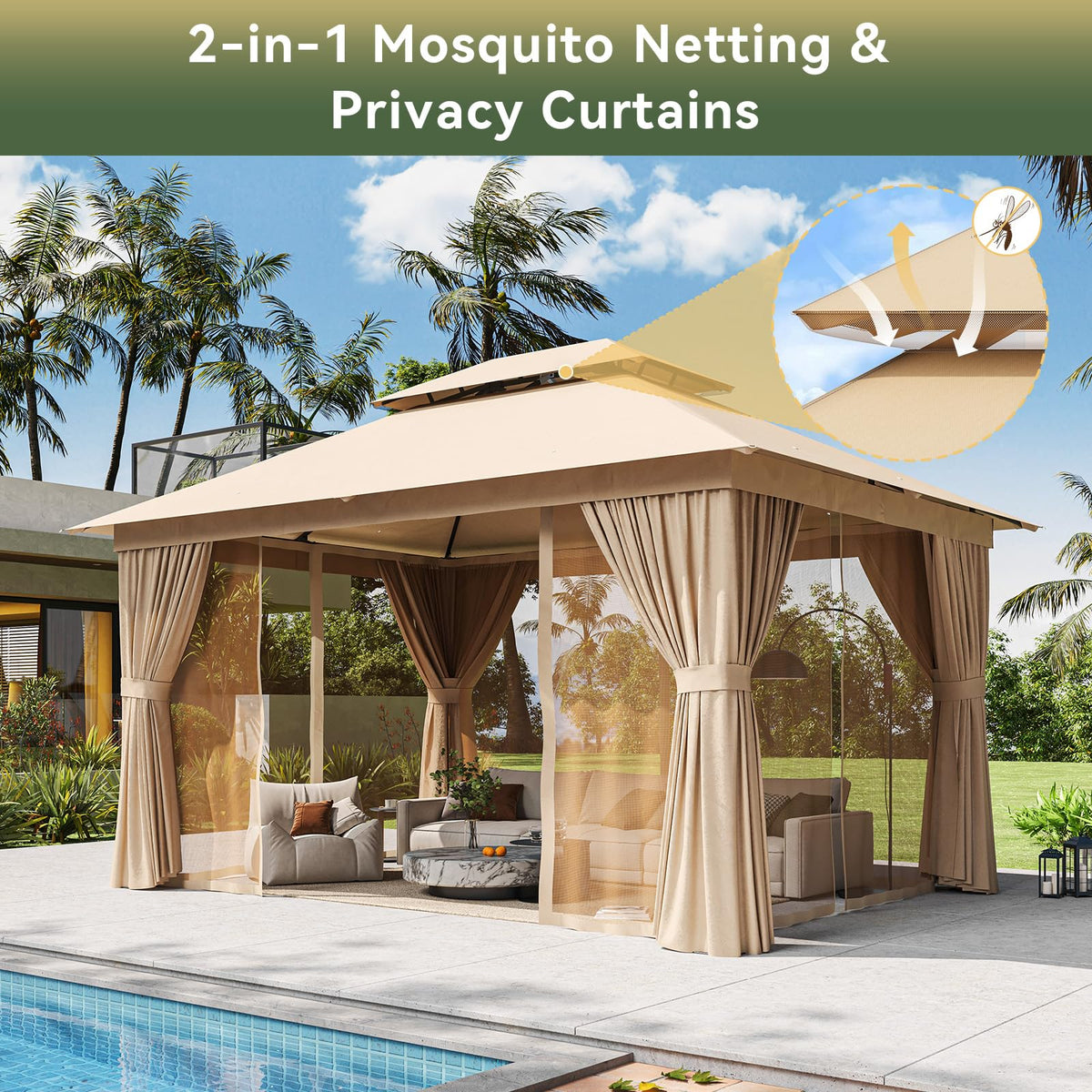 12'x10' Beige Metal Gazebo D27395