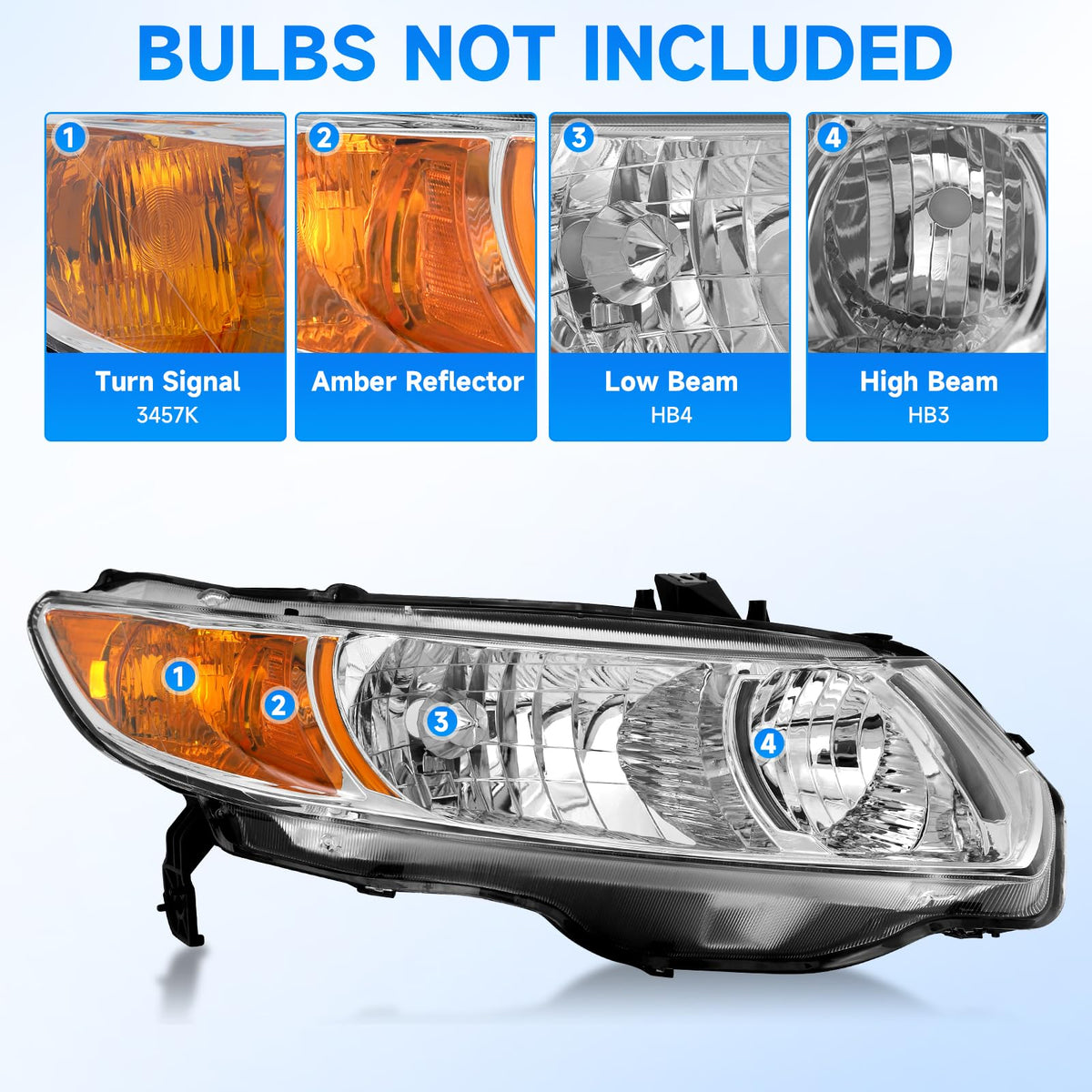 Headlight Assembly for 2006-2011 Honda Civic 2-Door Chrome Housing Amber Reflector A3225