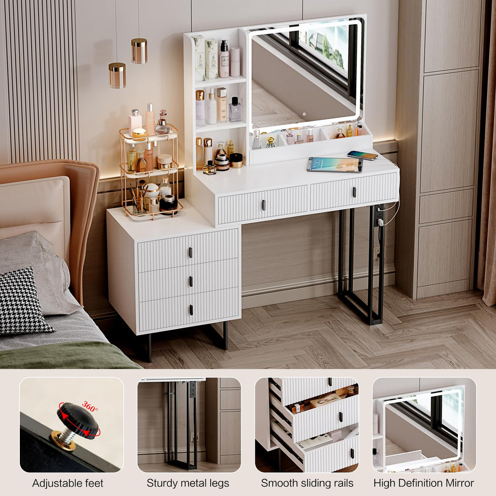 White Vanity Desk with Mirror and 5 Sliding Drawers U5402