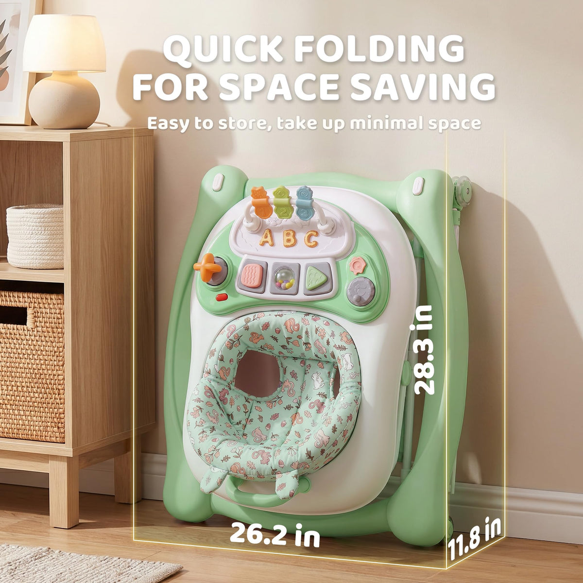 Foldable Baby Walker with Wheels, Music and Lights (Green) C13998