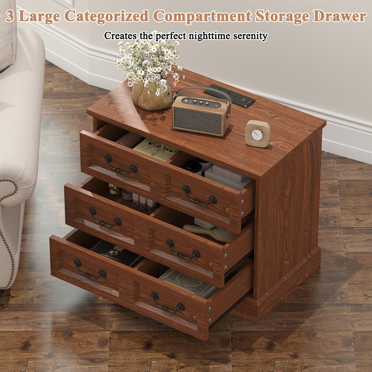 Cherry Wood Nightstand with Charging Station D616