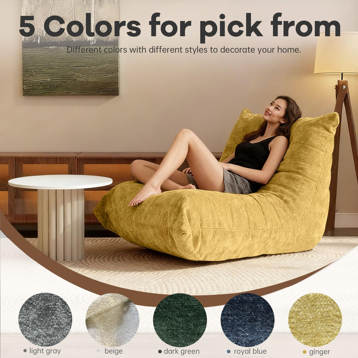 Yellow Chenille Bean Bag Chair with Memory Foam M915544