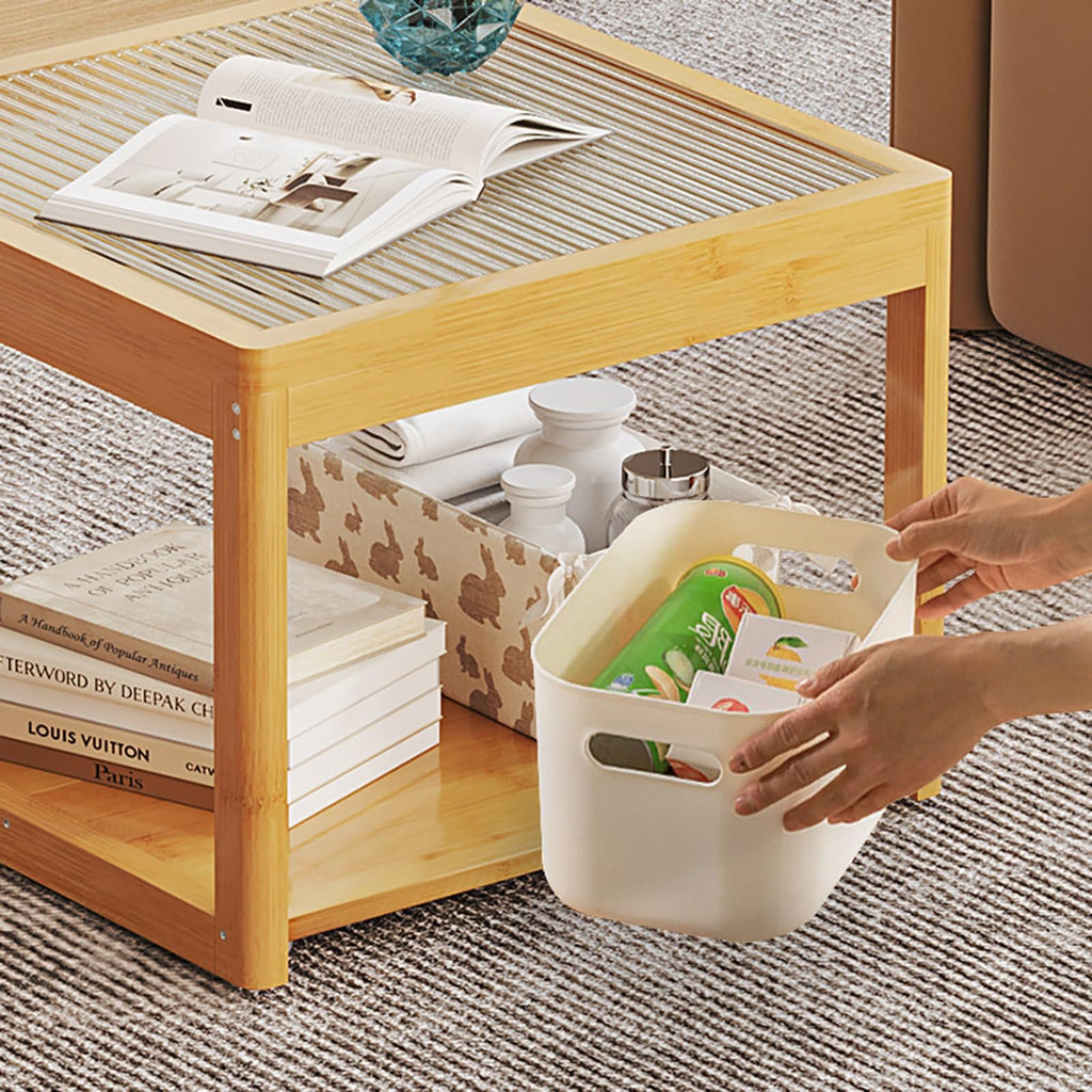 Set of 2 Square Glass Coffee Table with Bamboo Frame L16263