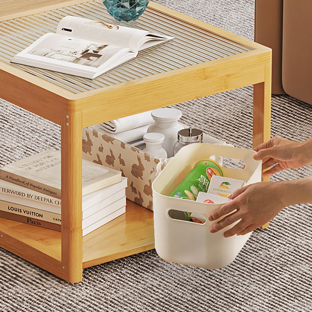 Set of 2 Square Glass Coffee Table with Bamboo Frame L16263