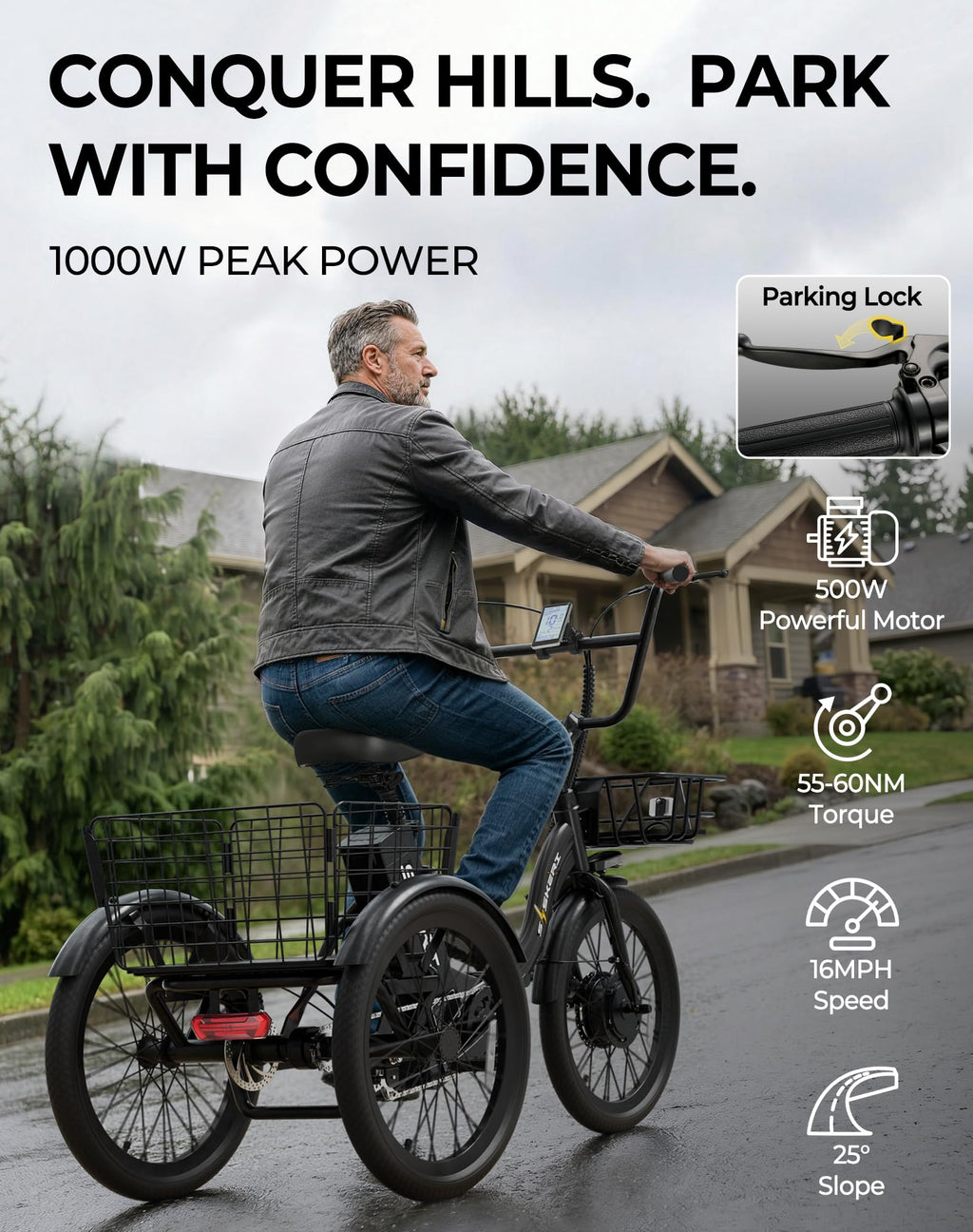 Peak 1000W 20" Folding Electric Trike with Removable Battery and Basket X6173