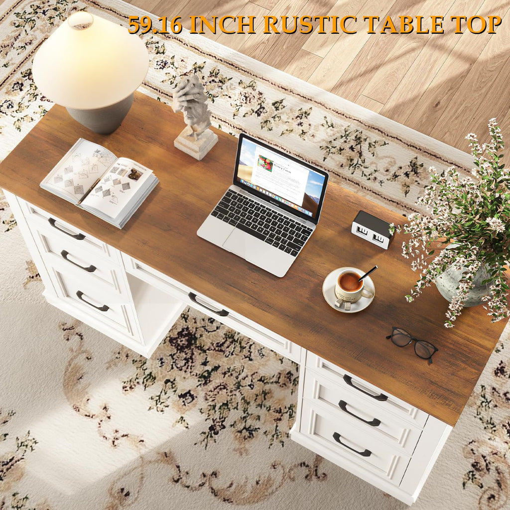 Antique White Executive Desk with File Drawers W4691