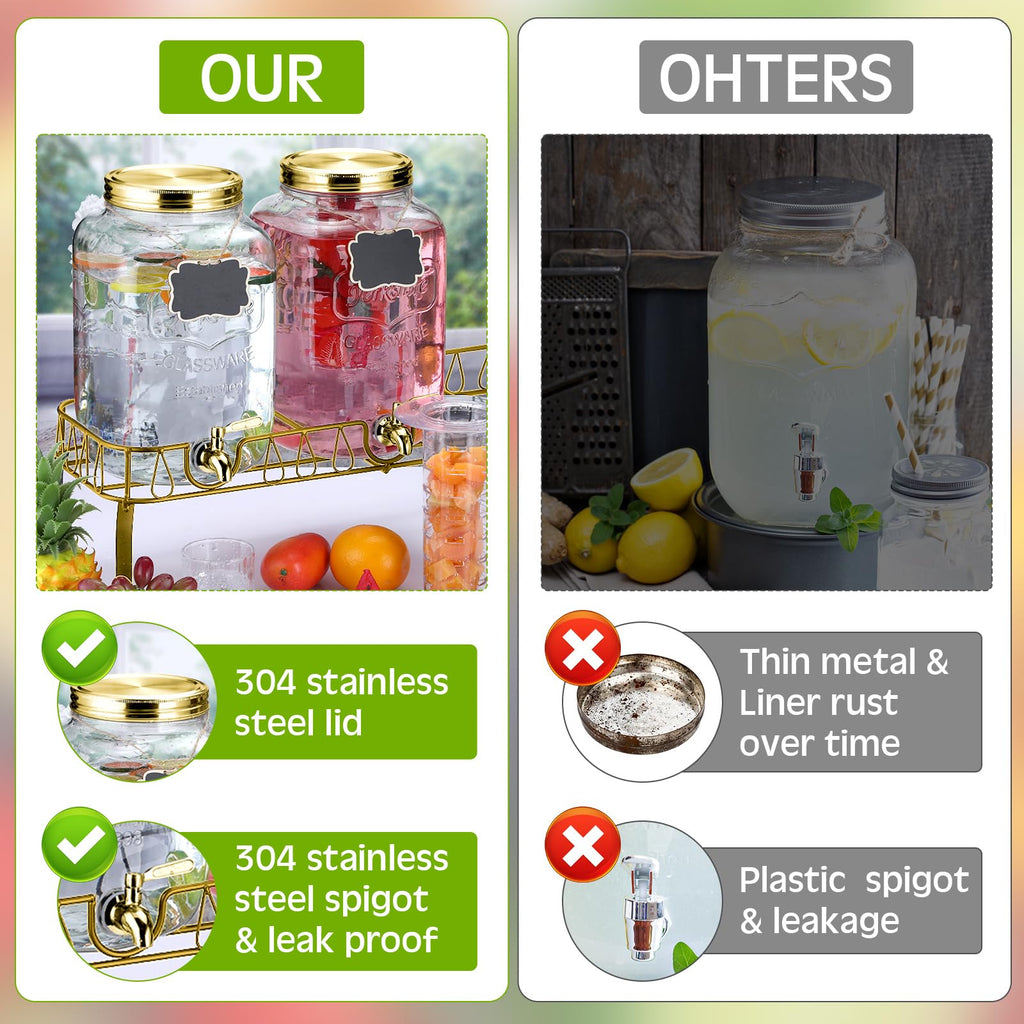 3 Pcs 2 Gallon Glass Drink Dispenser with Stand and Lid O6794