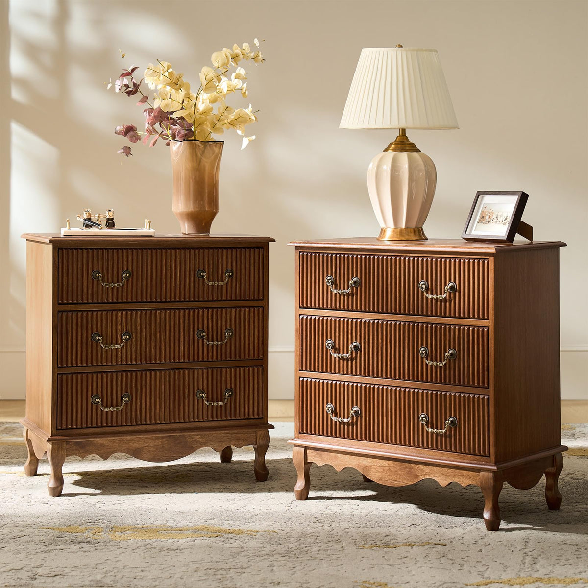 Set of 2 Wood Side Table with 3 Drawers and Charging Station J6301