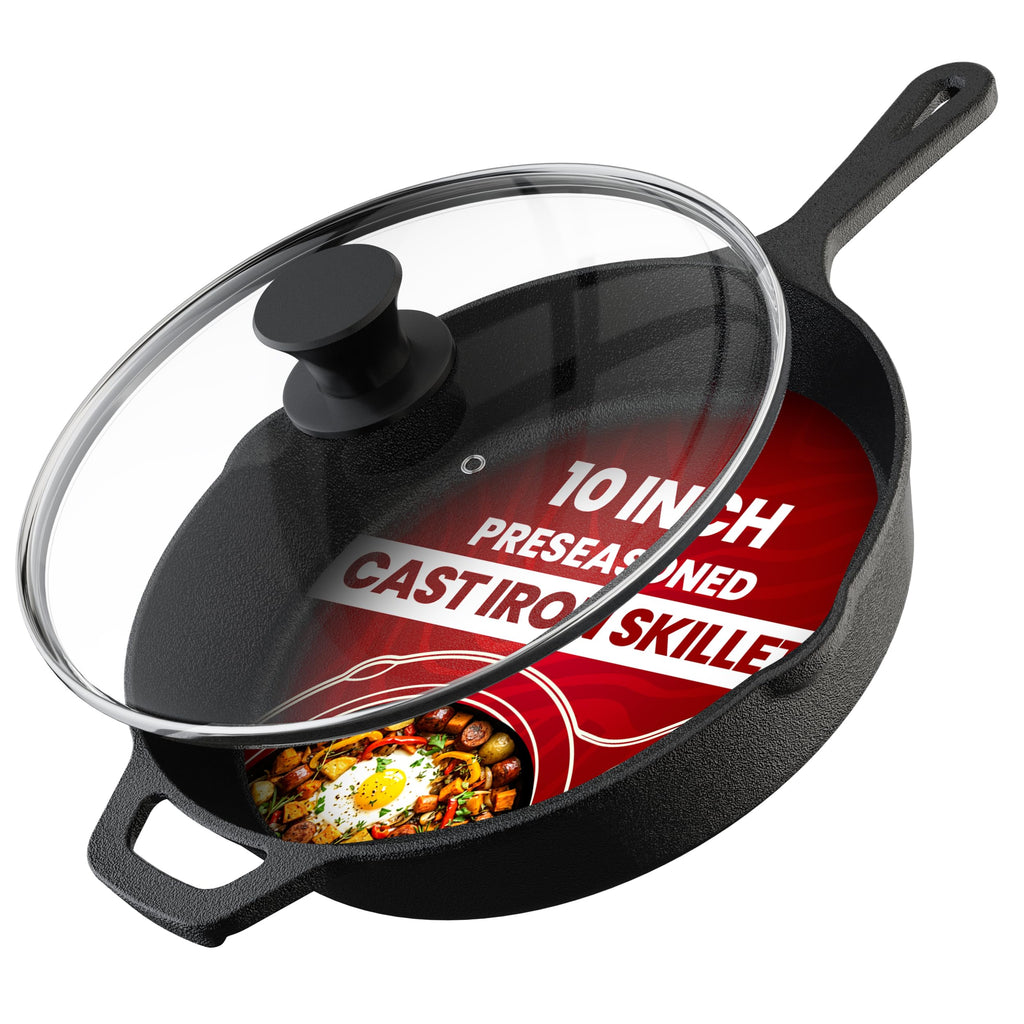 Cast Iron Skillet 10 Inch with Lid Black Y908542