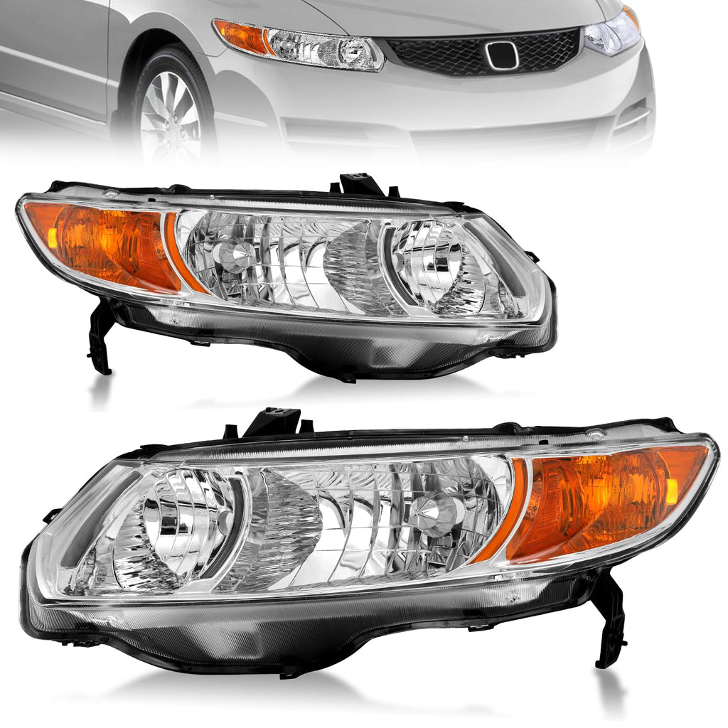 Headlight Assembly for 2006-2011 Honda Civic 2-Door Chrome Housing Amber Reflector A3225