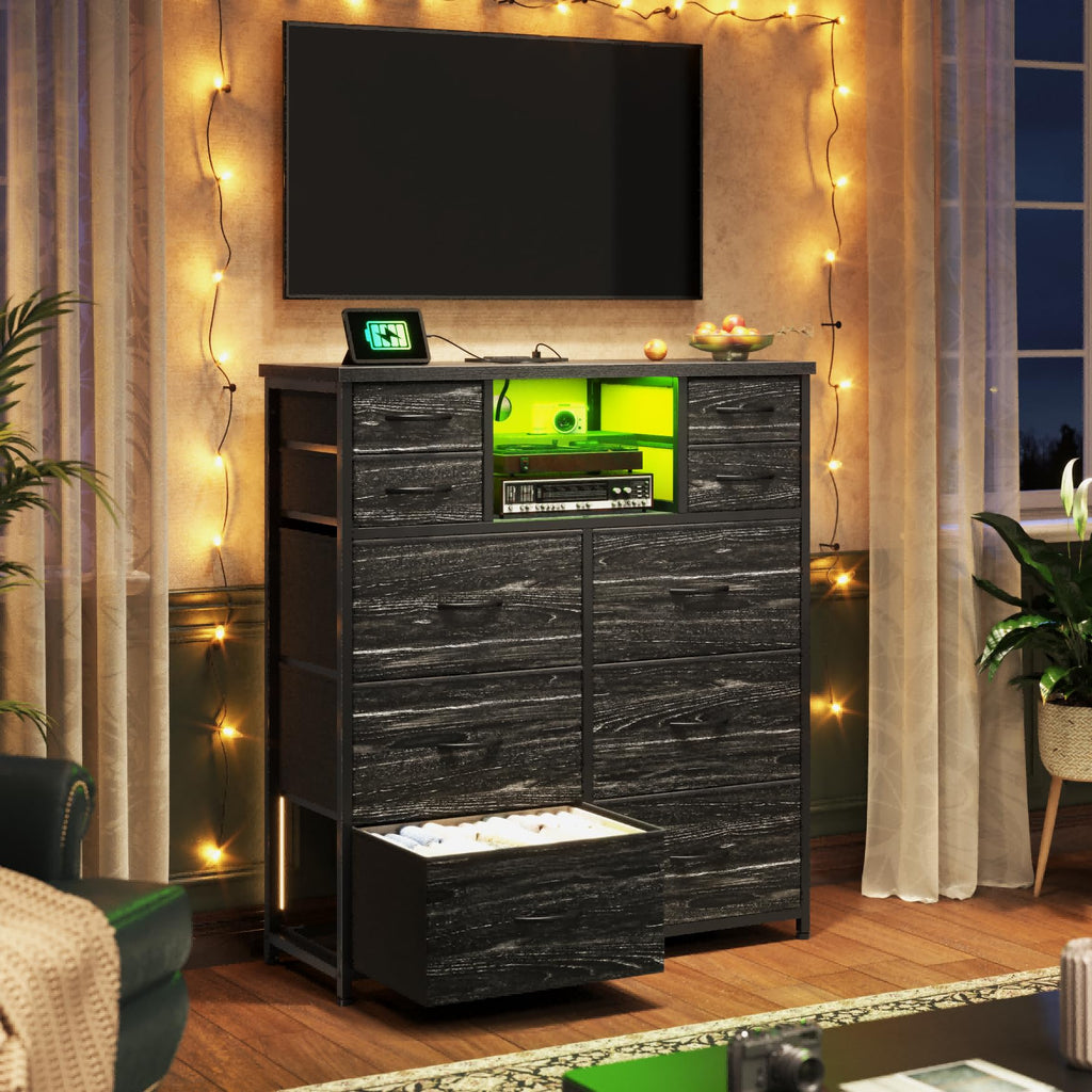 Black 10 Drawer Dresser with LED & Charging Station Q875461