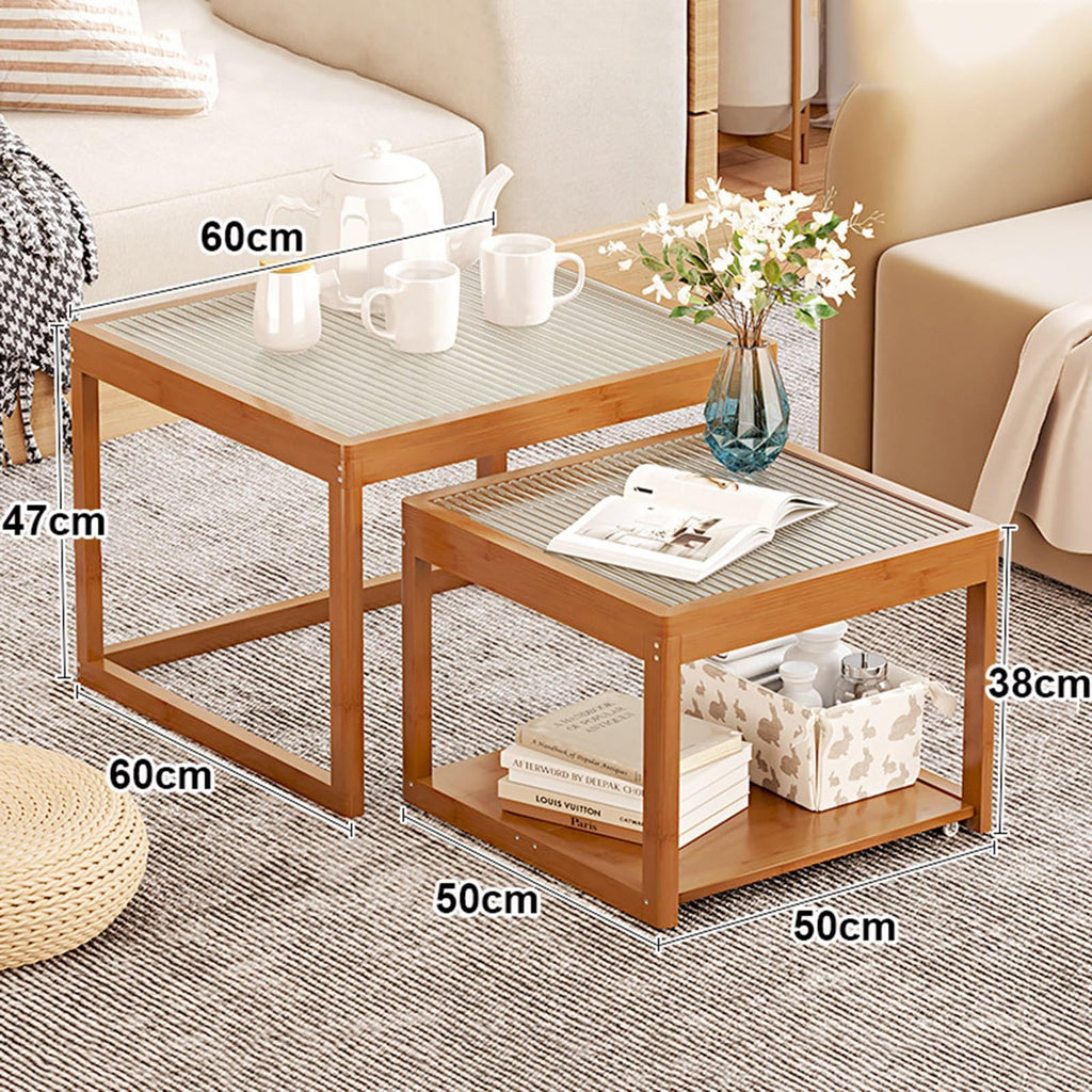 Set of 2 Square Glass Coffee Table with Bamboo Frame L16263