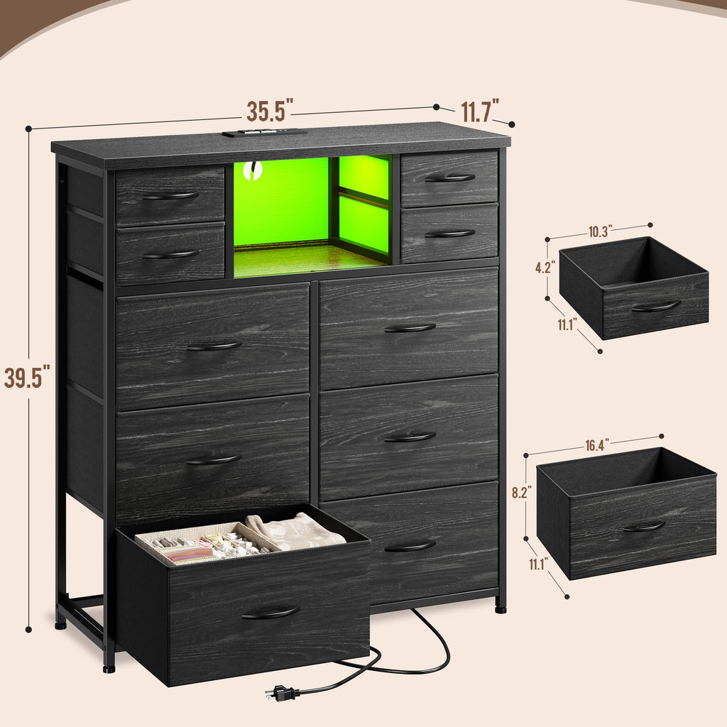 Black 10 Drawer Dresser with LED & Charging Station Q875461