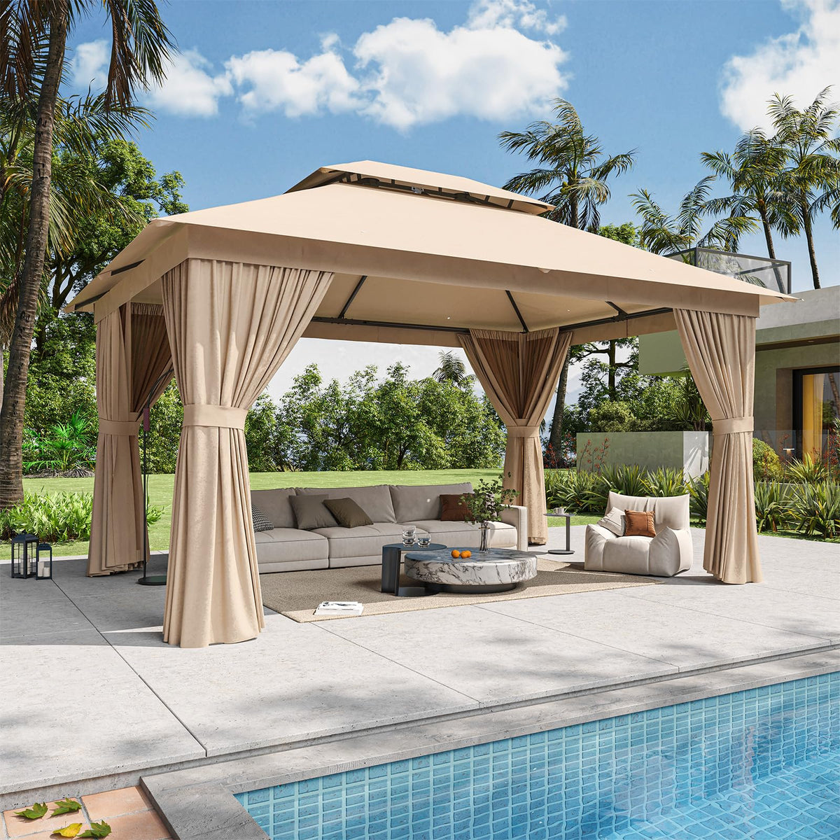 12'x10' Beige Metal Gazebo D27395
