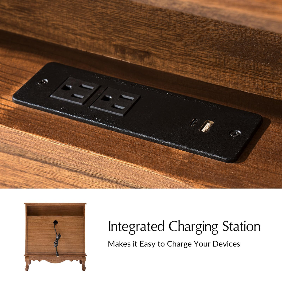 Set of 2 Wood Side Table with 3 Drawers and Charging Station J6301
