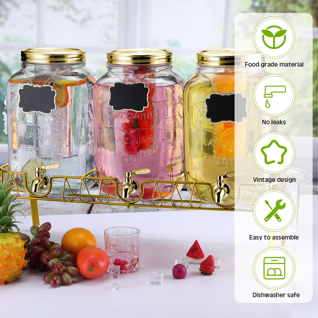 3 Pcs 2 Gallon Glass Drink Dispenser with Stand and Lid O6794