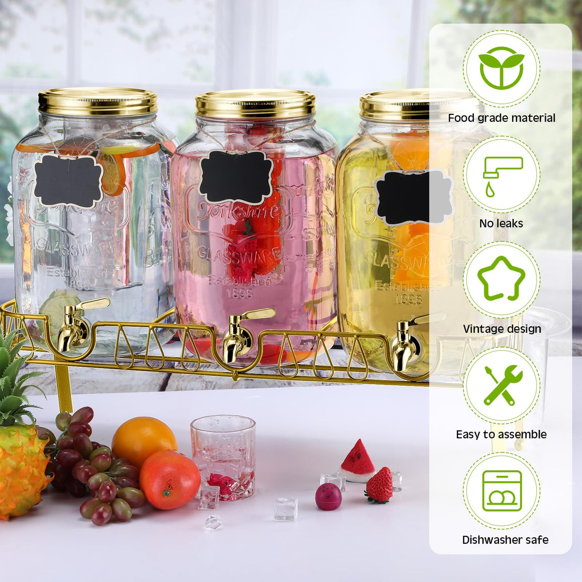 3 Pcs 2 Gallon Glass Drink Dispenser with Stand and Lid O6794