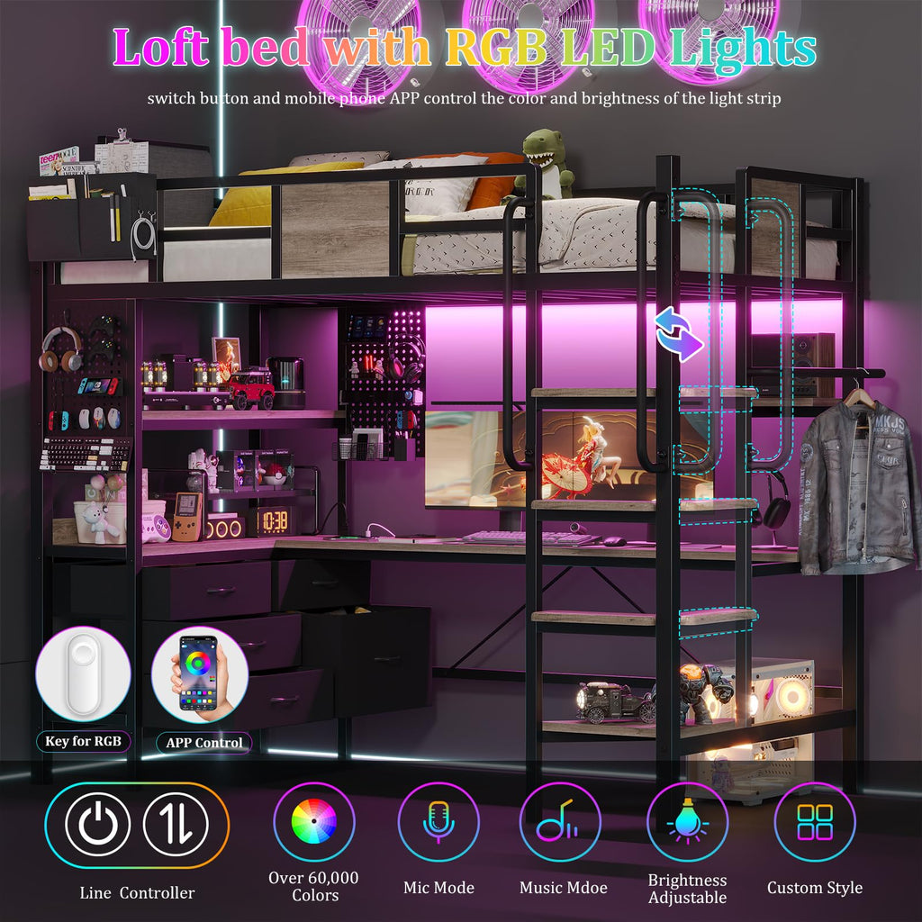Twin Size Loft Bed with Desk and 5 Drawer W584