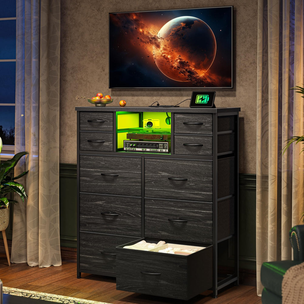 Black 10 Drawer Dresser with LED & Charging Station Q875461