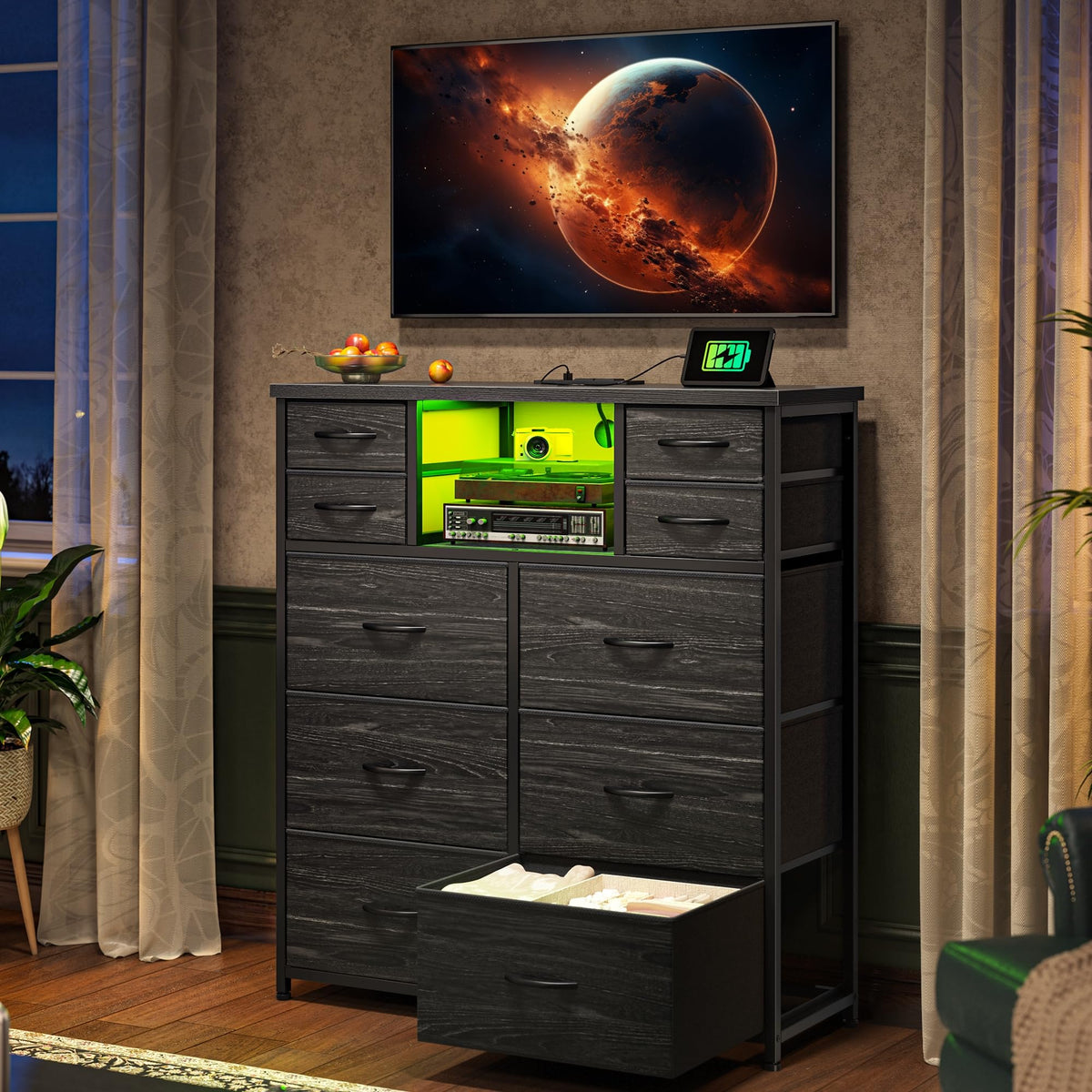 Black 10 Drawer Dresser with LED & Charging Station Q875461