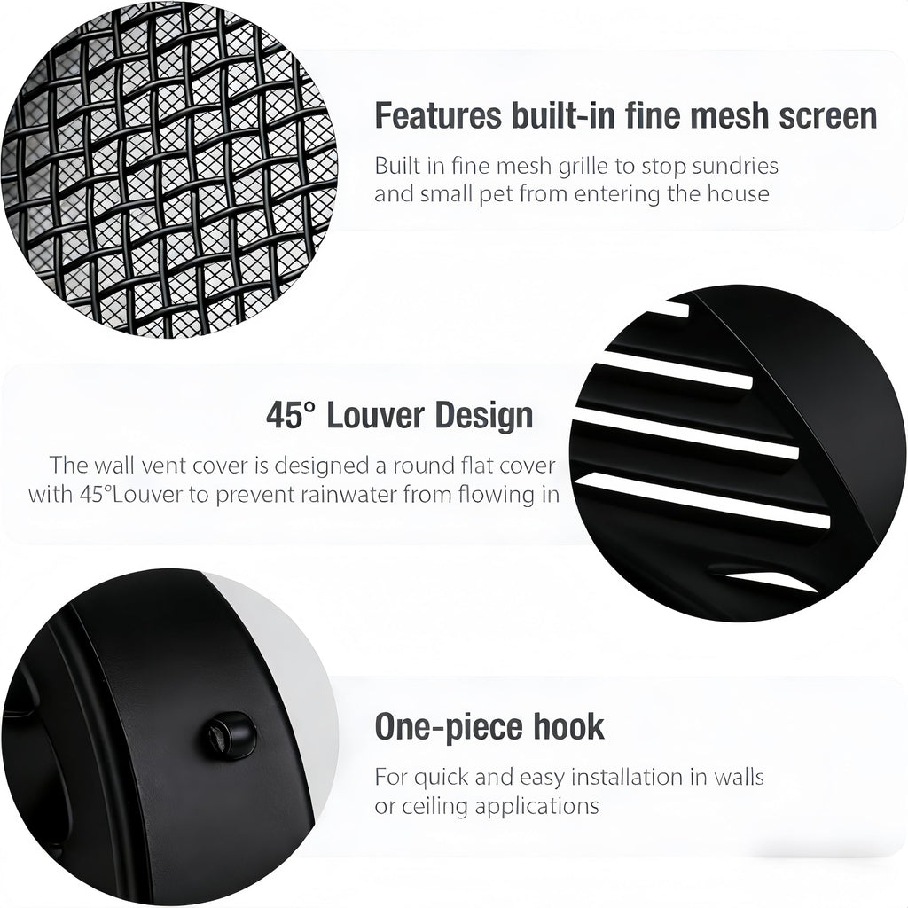Black 2 Inches Round Aluminum Louver with Insect Screen B700841
