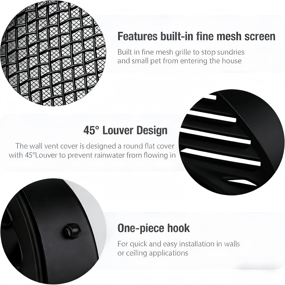 Black 2 Inches Round Aluminum Louver with Insect Screen B700841