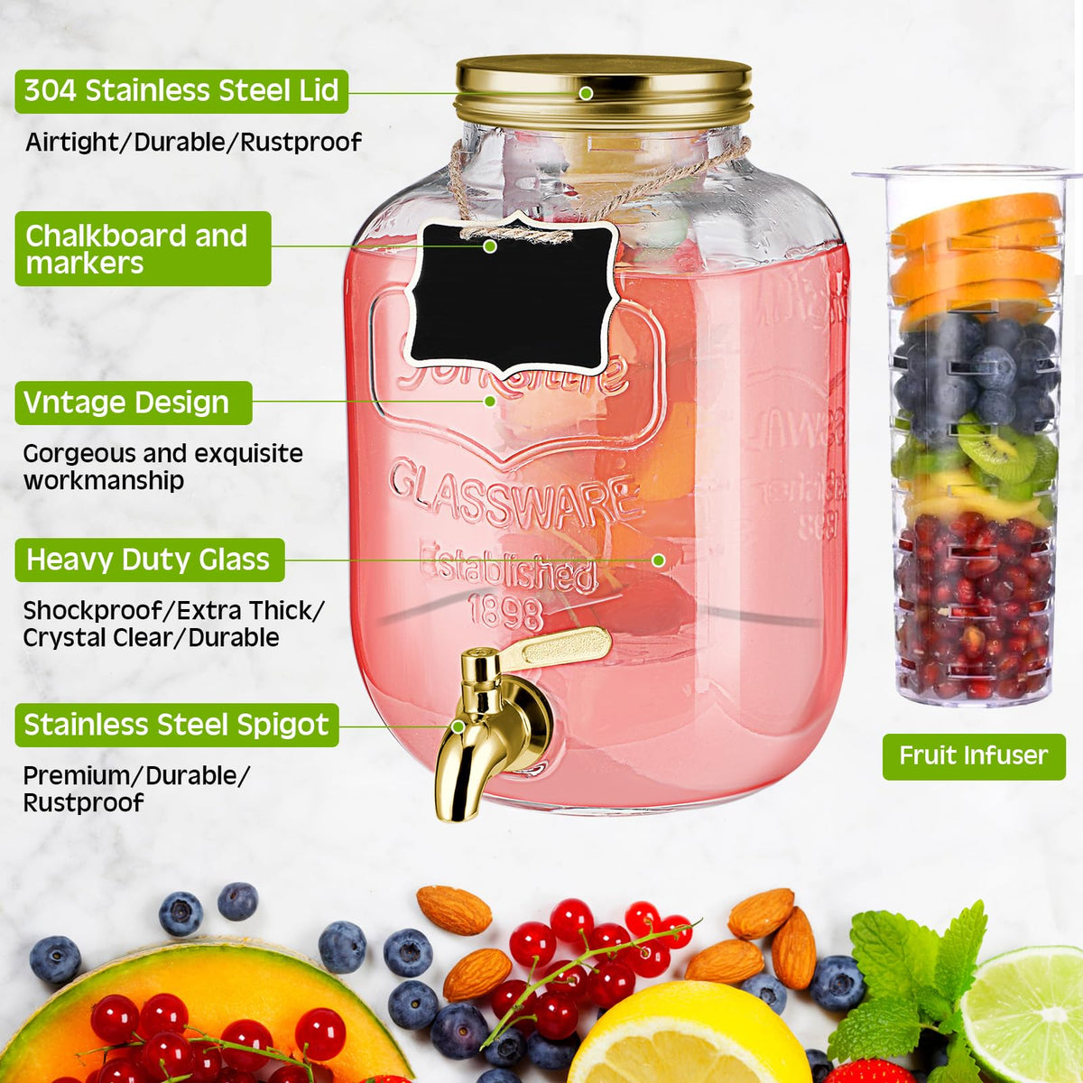 3 Pcs 2 Gallon Glass Drink Dispenser with Stand and Lid O6794