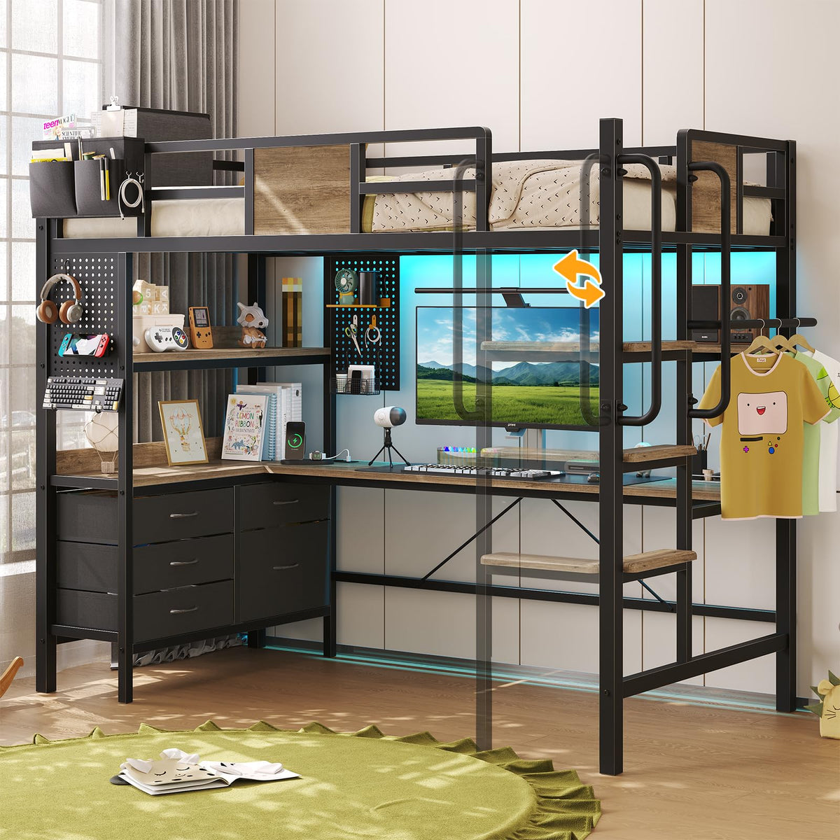 Twin Size Loft Bed with Desk and 5 Drawer W584