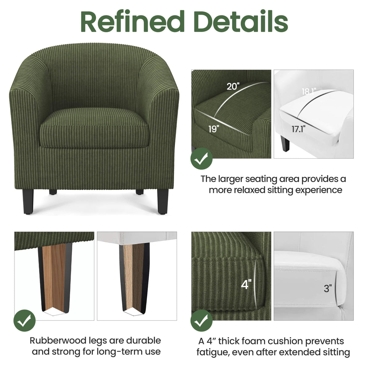 Corduroy Barrel Armchairs Set of 2 Dark Green A8031