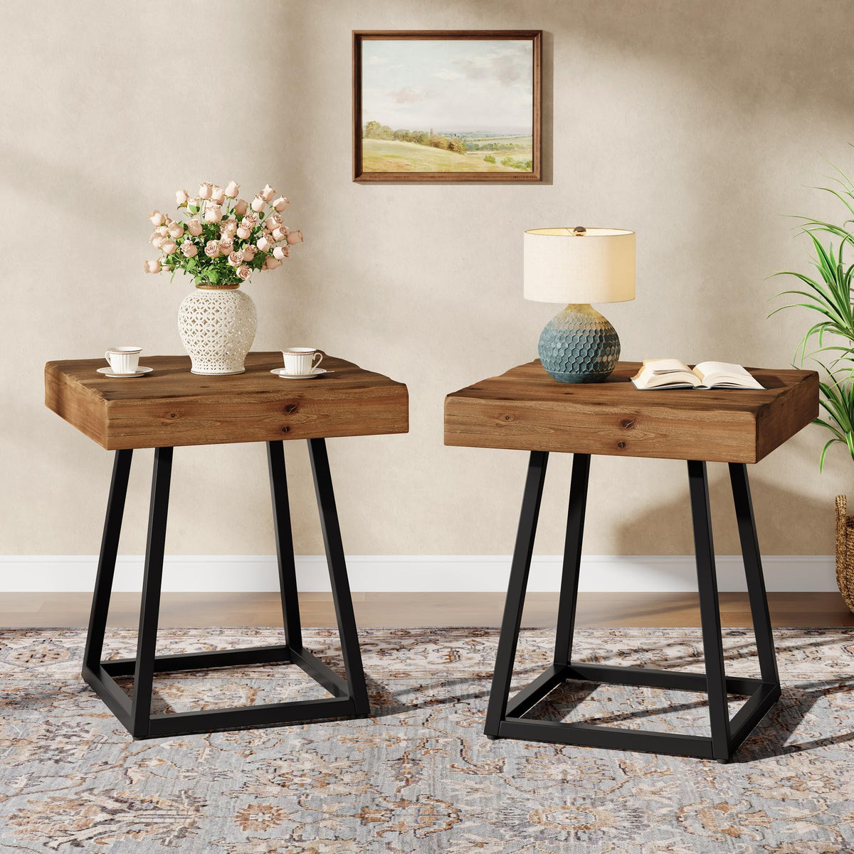 Solid Wood Nightstand with Metal Frame W432