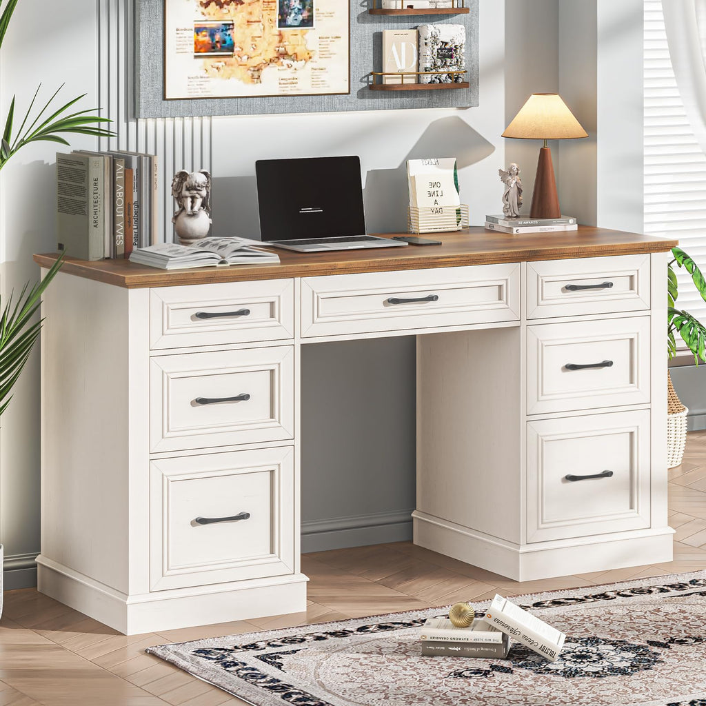 Antique White Executive Desk with File Drawers W4691