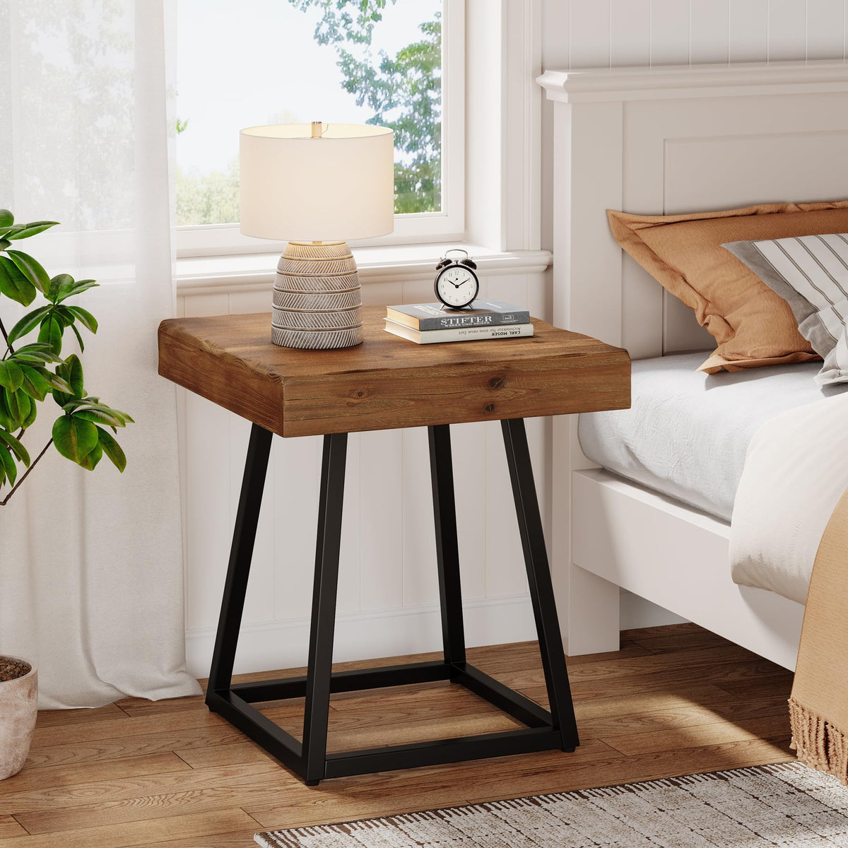 Solid Wood Nightstand with Metal Frame W432