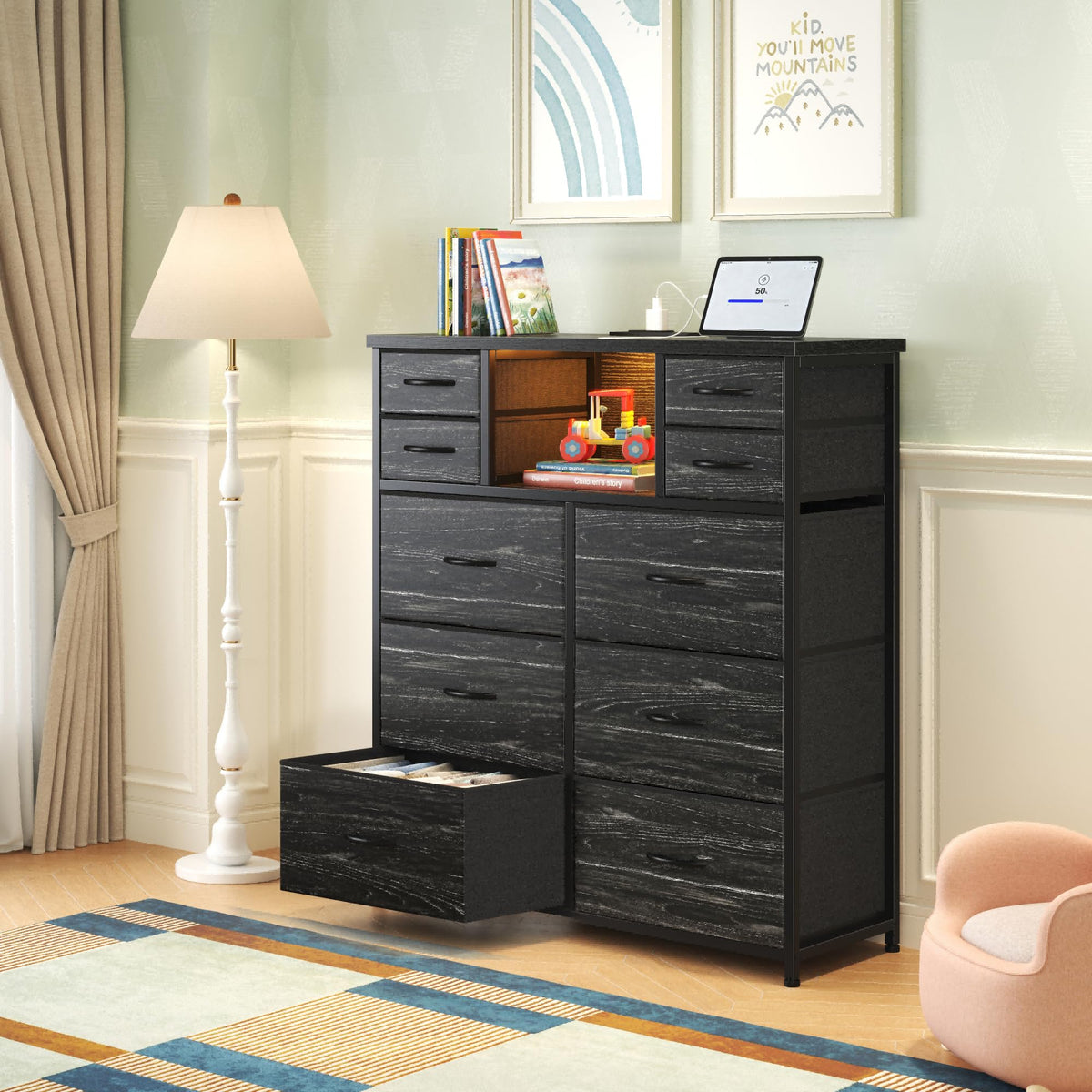 Black 10 Drawer Dresser with LED & Charging Station Q875461