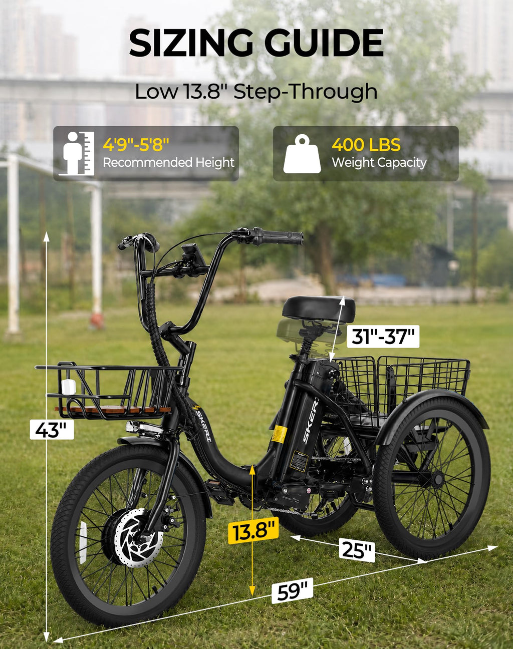 Peak 1000W 20" Folding Electric Trike with Removable Battery and Basket X6173