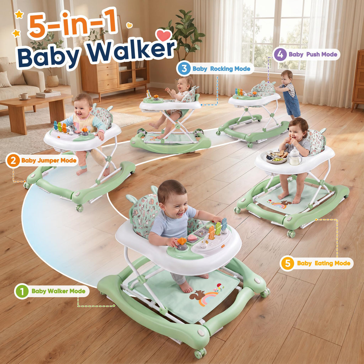 Foldable Baby Walker with Wheels, Music and Lights (Green) C13998