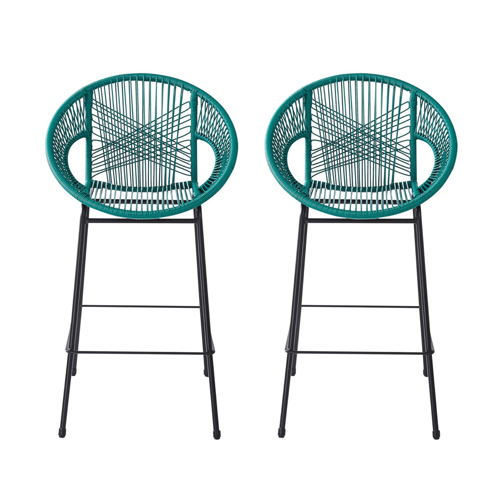 Teal Faux Wicker Outdoor Bar Stool Set of 2 P4344