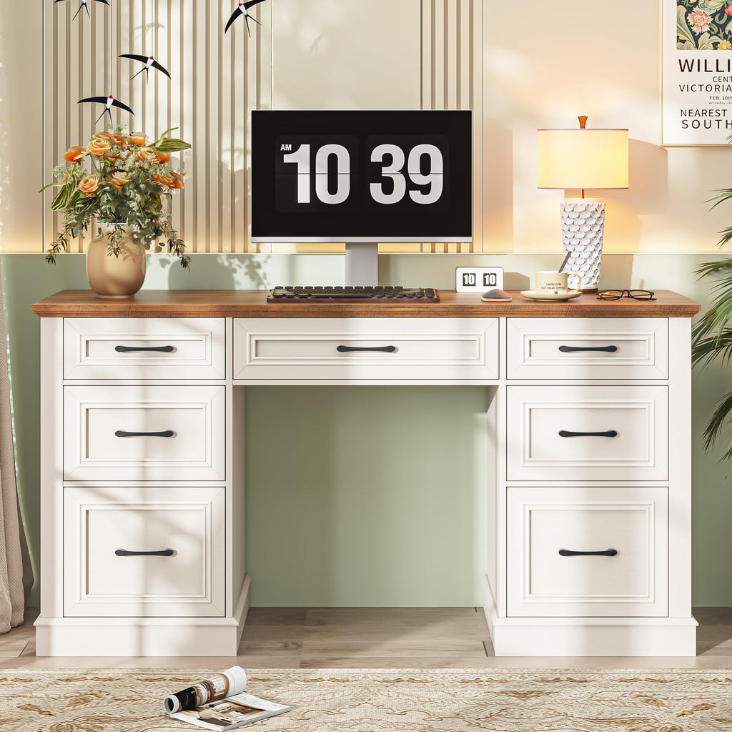 Antique White Executive Desk with File Drawers W4691