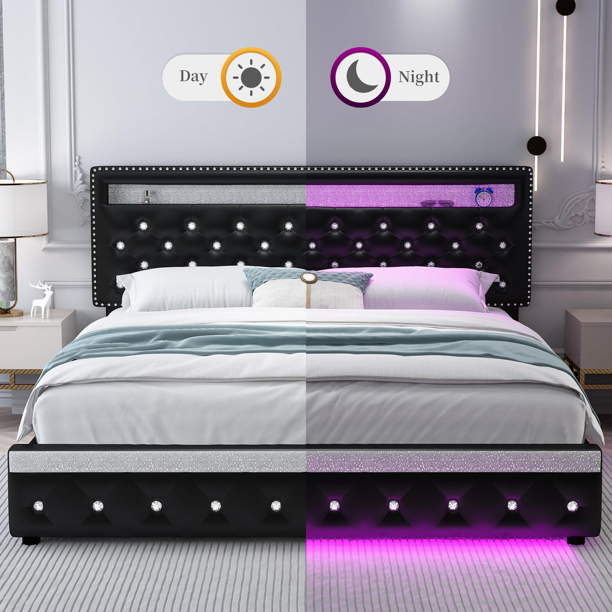 Full Platform Bed Frame with 2 Storage Drawers, Black B215146